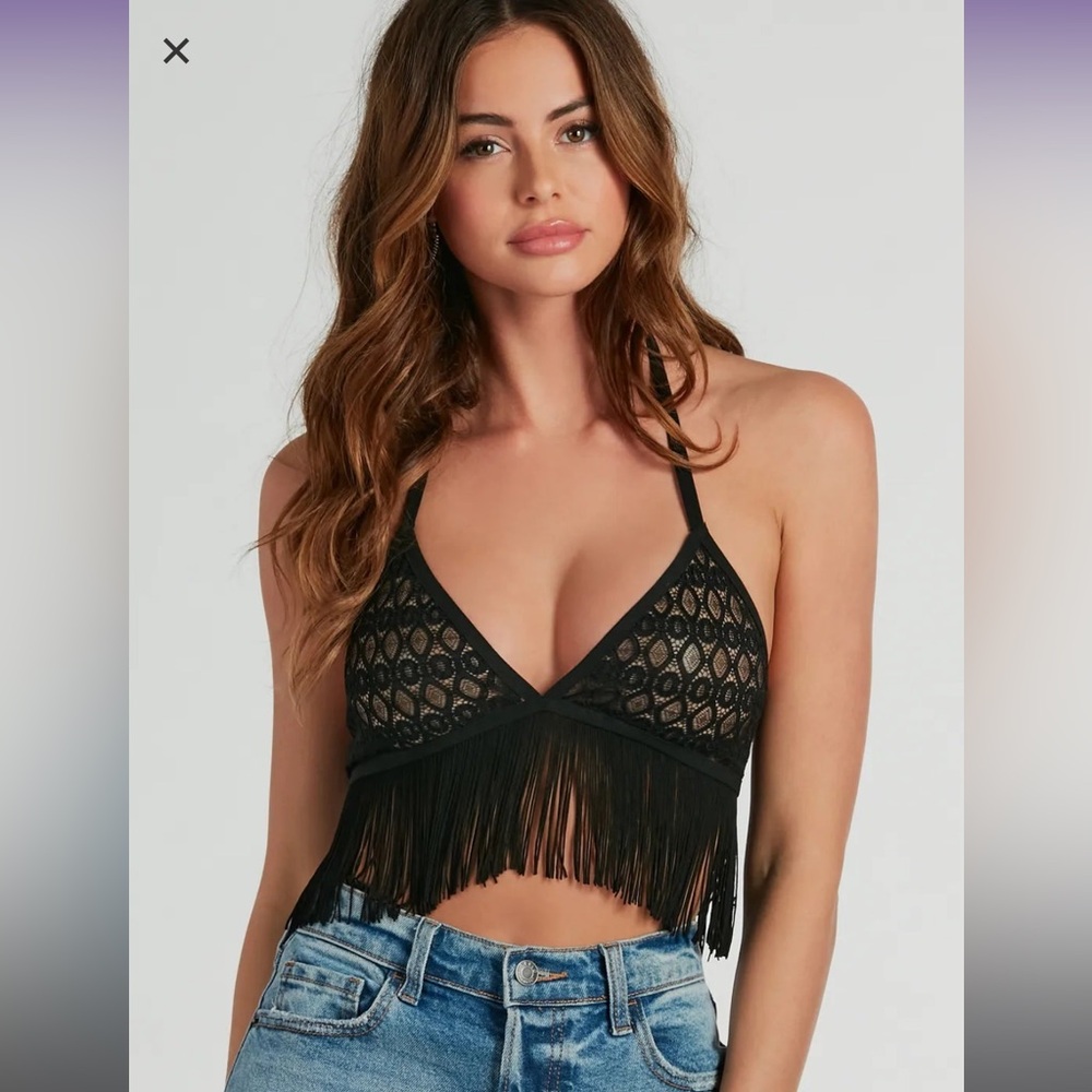 Valley Girl Triangle Crochet Fringe Halter Bra/Crop Top NWT